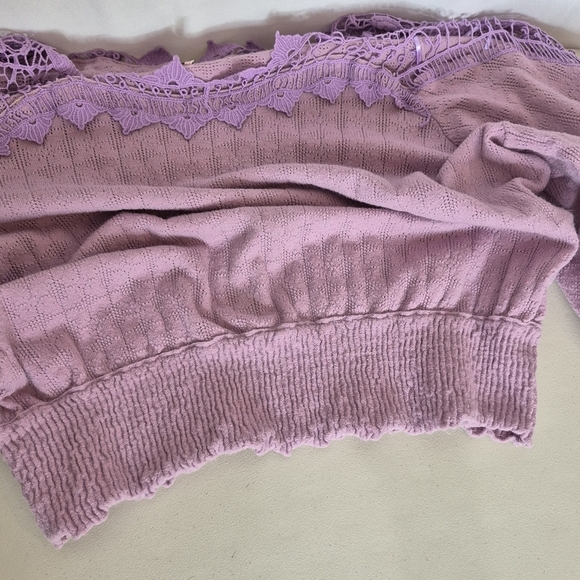 Free People Lavender Love Lace Crochet Peasant Sweater Top Shirred Waist- Size M - Picture 9 of 14